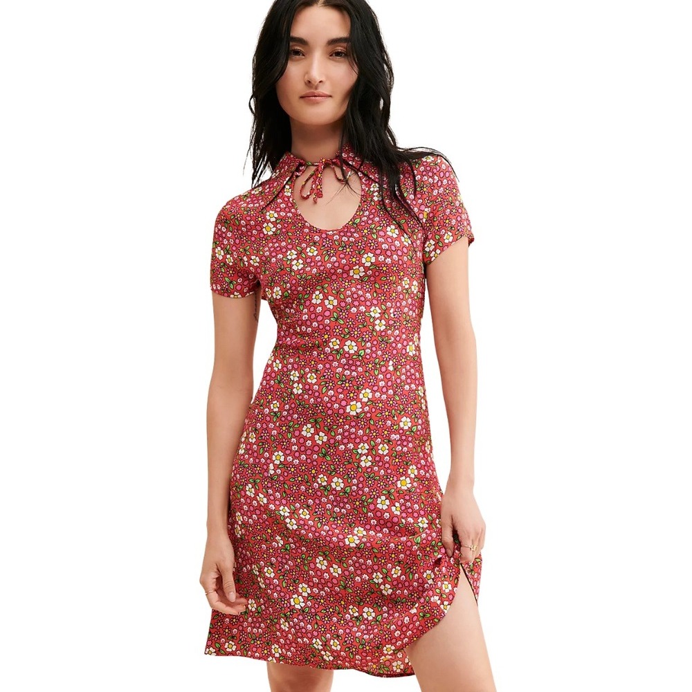 Rolla's Dress Womens XS Red Kelly Floral Mini Keyhole Retro Boho Cottagecore